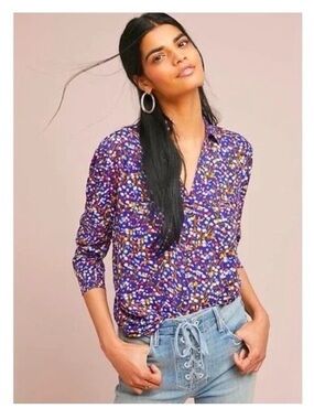 Anthropologie Navy Button-Down Shirt with Multicolor Floral Print